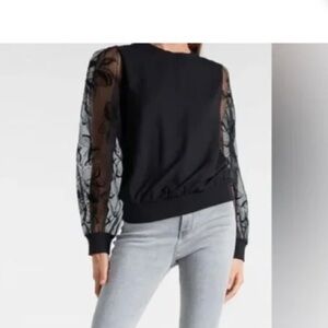 Express black floral sheer Organza l/s whimsigoth whimsical top XS party witchy